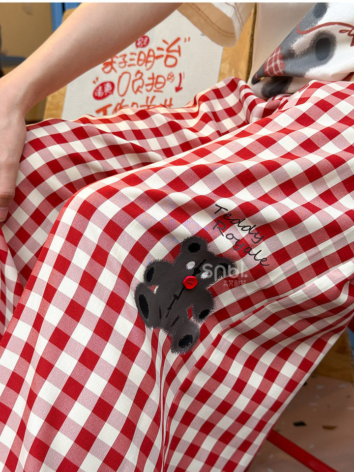 Red Gingham Bear Wide Leg Pants