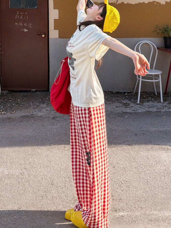Red Gingham Bear Wide Leg Pants