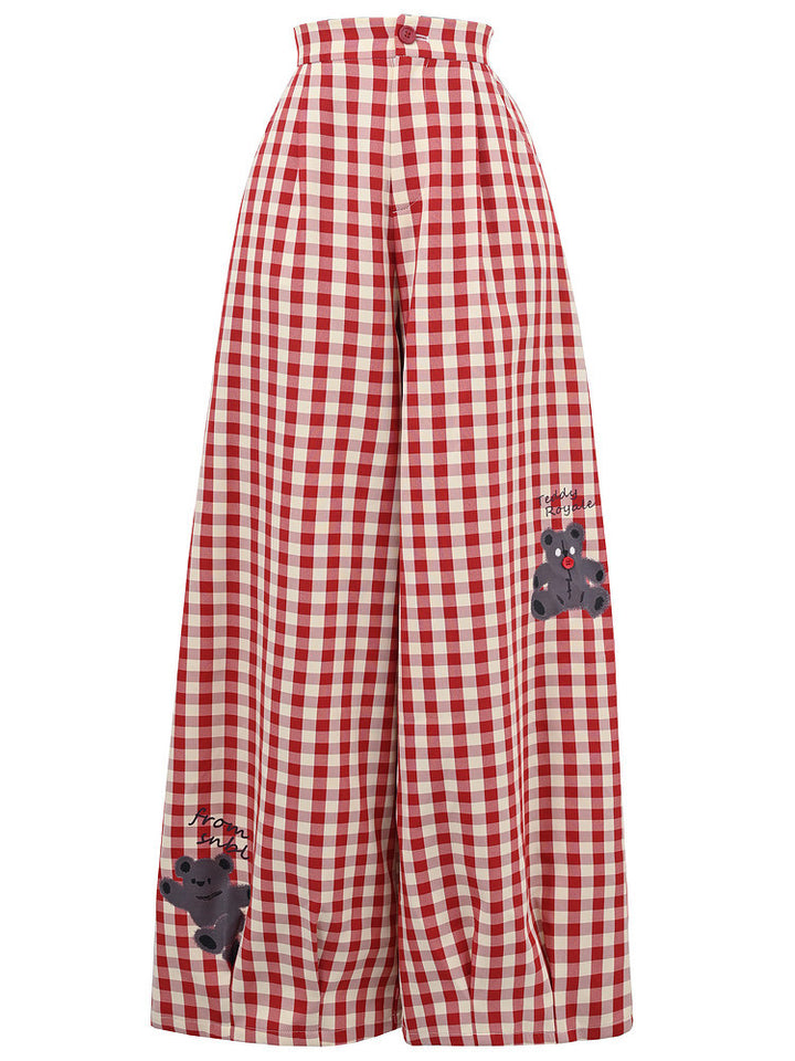 Red Gingham Bear Wide Leg Pants