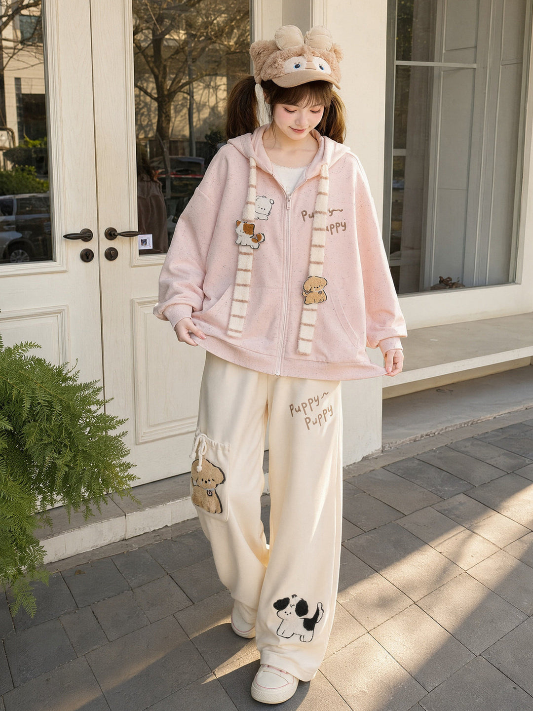 Puppy Appliqué Wide Leg Pants