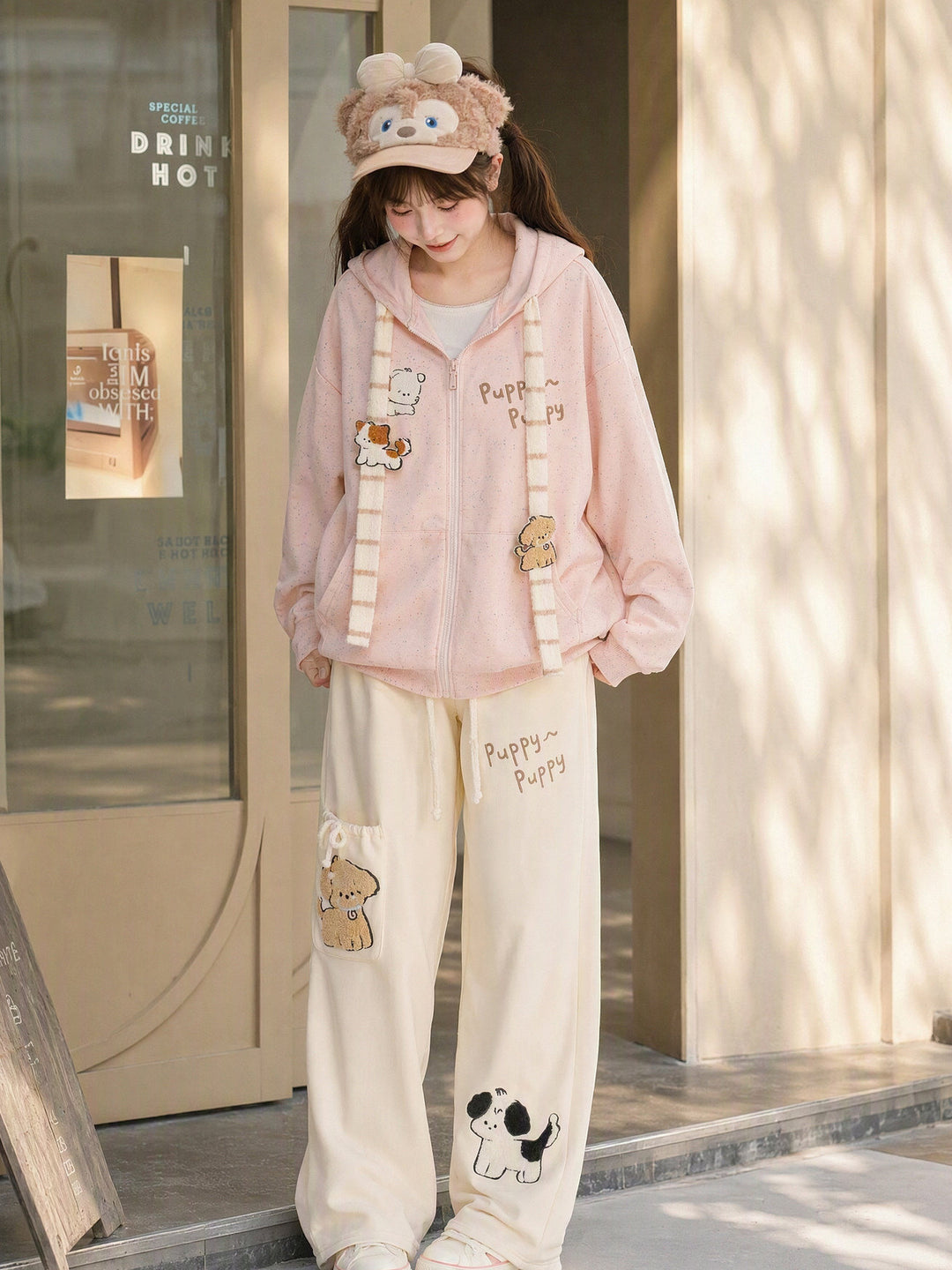 Puppy Appliqué Wide Leg Pants