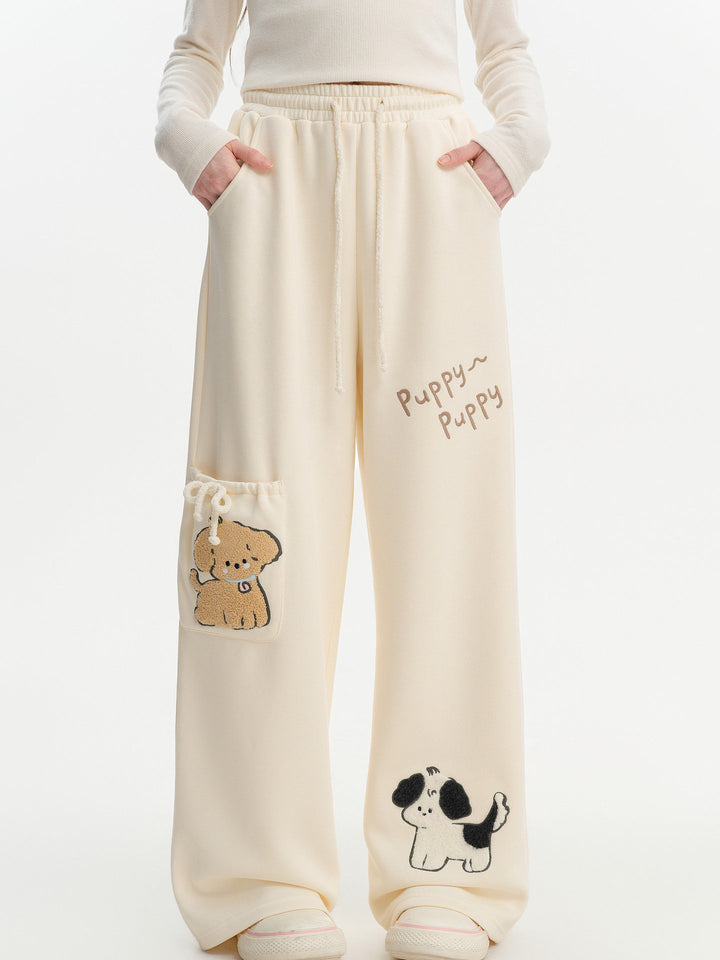 Puppy Appliqué Wide Leg Pants