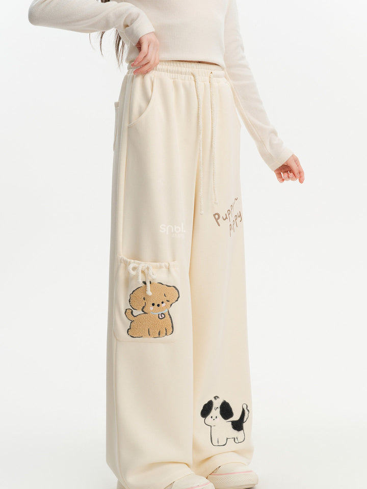 Puppy Appliqué Wide Leg Pants