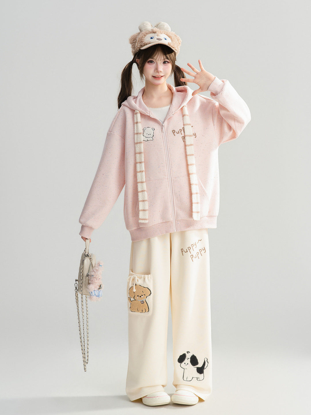 Puppy Appliqué Wide Leg Pants