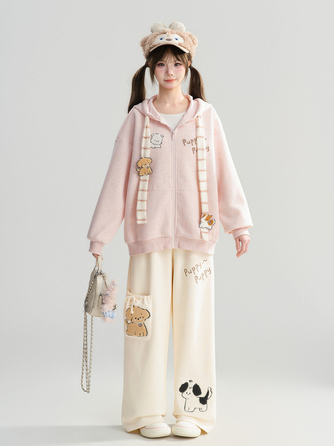 Puppy Appliqué Wide Leg Pants