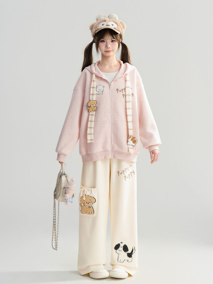 Puppy Appliqué Wide Leg Pants