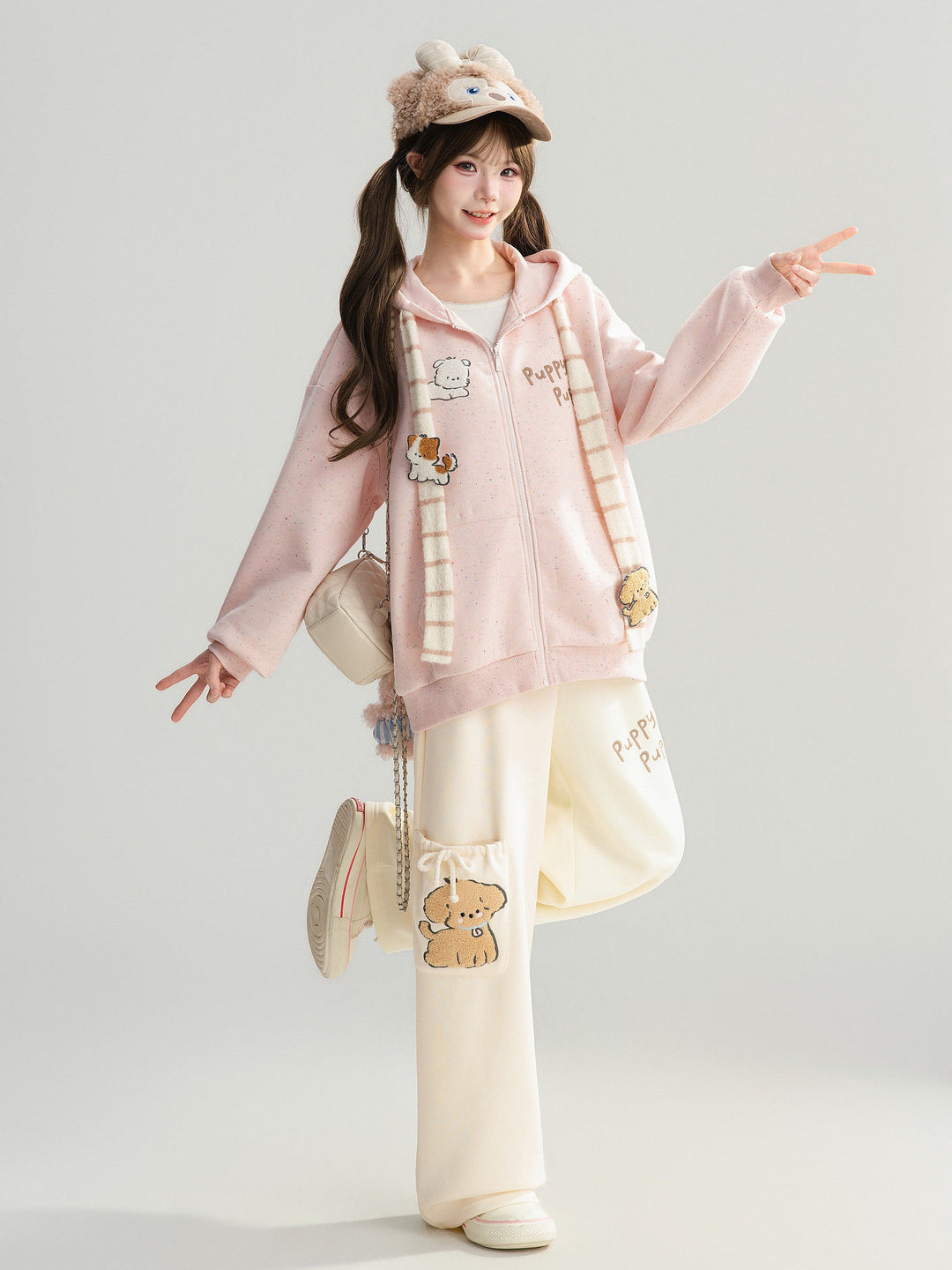 Puppy Appliqué Wide Leg Pants