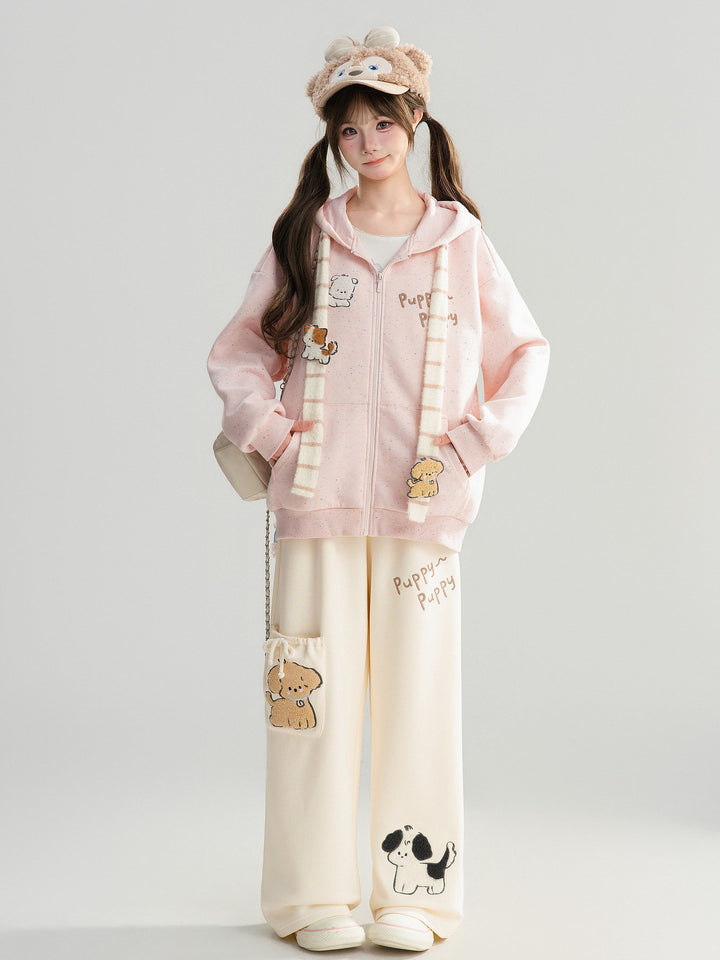 Puppy Appliqué Wide Leg Pants