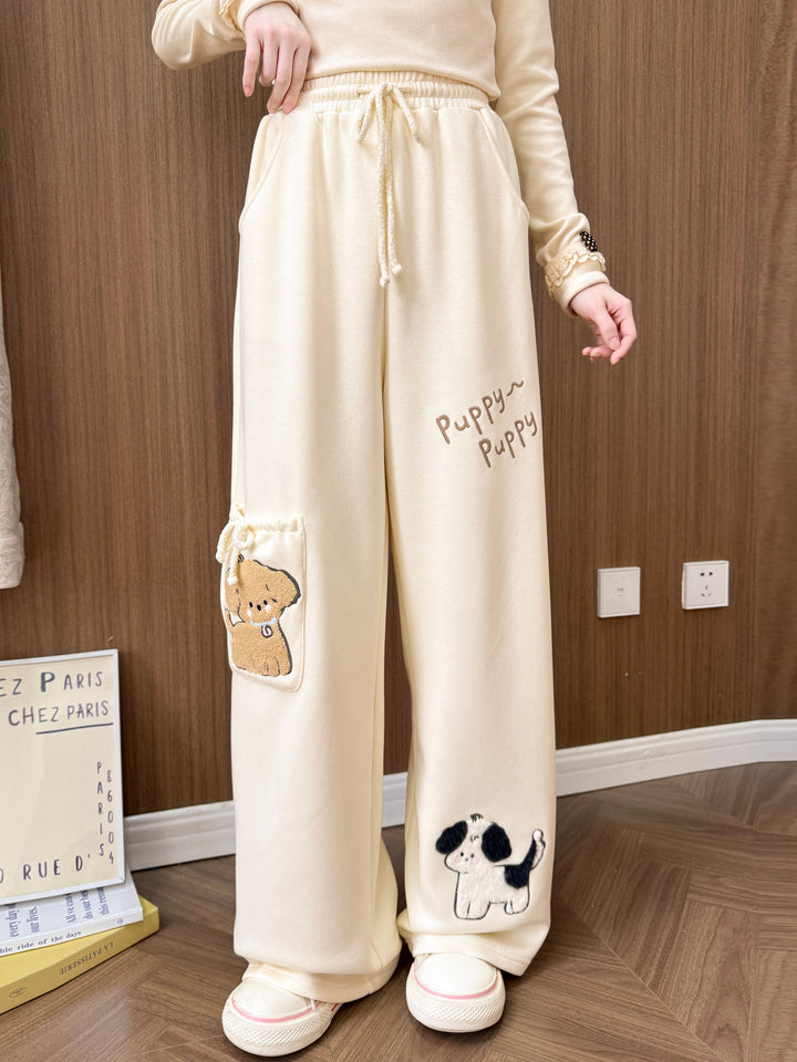 Puppy Appliqué Wide Leg Pants