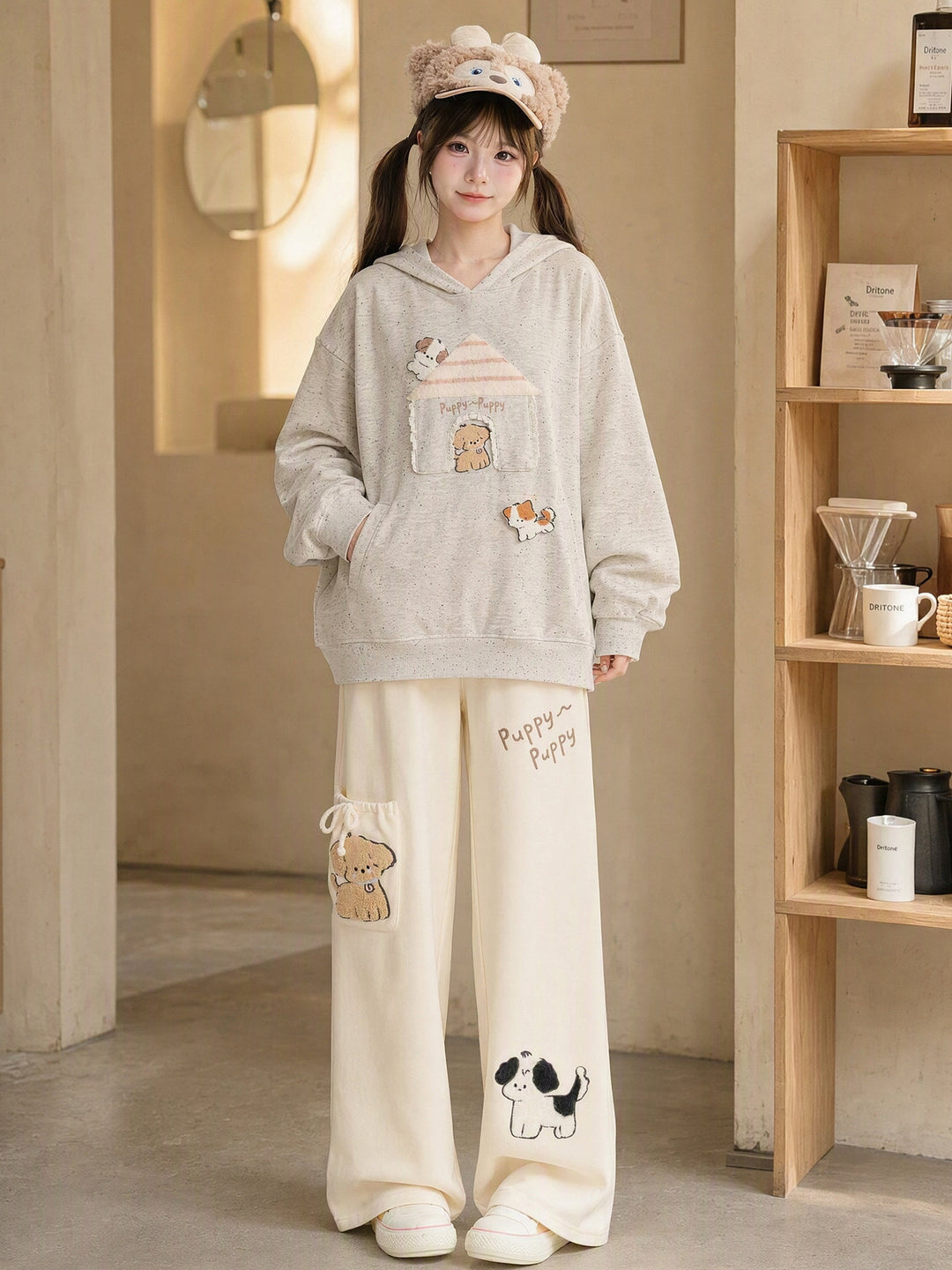 Puppy Appliqué Wide Leg Pants