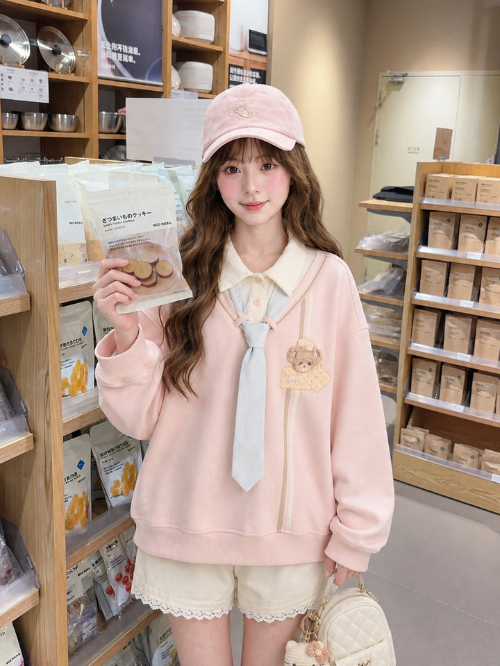 Pink Faux Layered Tie Sweatshirt