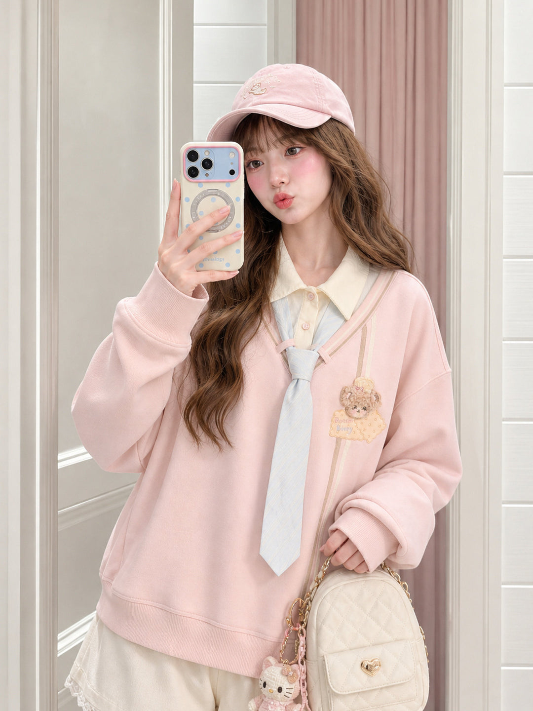 Pink Faux Layered Tie Sweatshirt