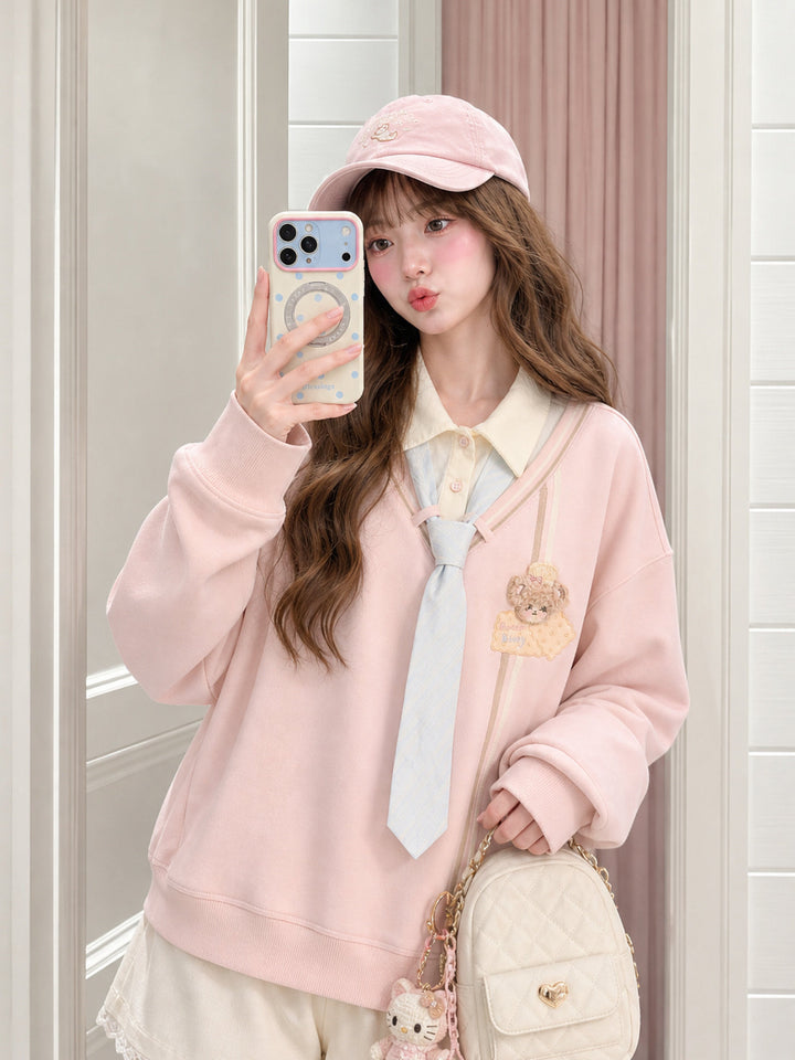 Pink Faux Layered Tie Sweatshirt
