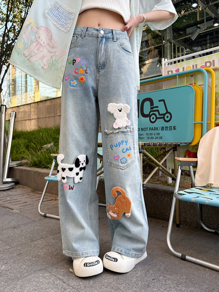 Kawaii Cat and Dog Appliqué Wide Leg Jeans