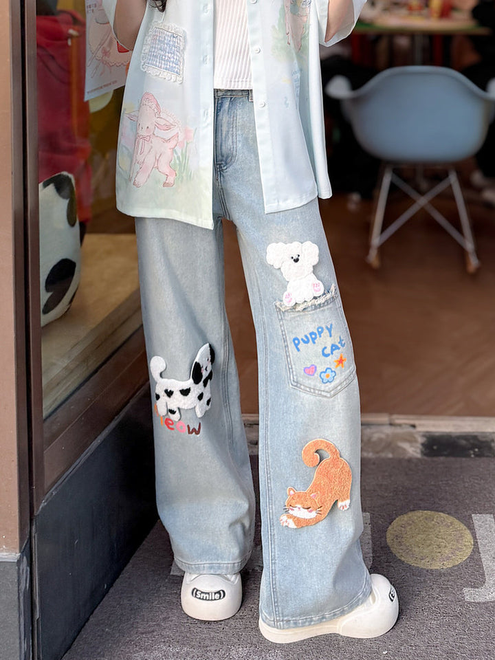 Kawaii Cat and Dog Appliqué Wide Leg Jeans