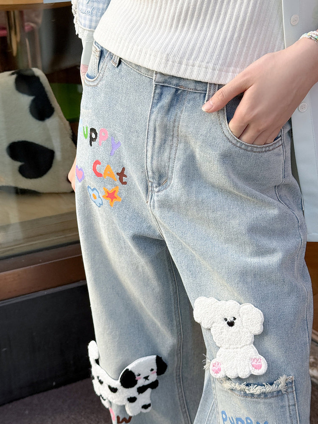 Kawaii Cat and Dog Appliqué Wide Leg Jeans