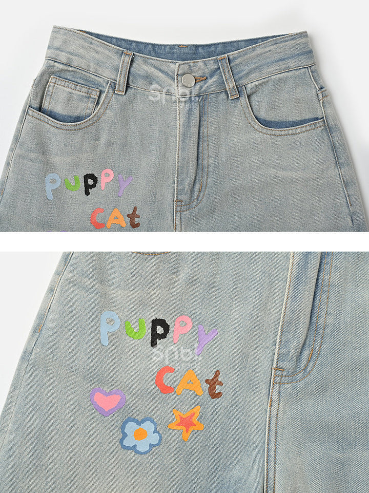 Kawaii Cat and Dog Appliqué Wide Leg Jeans
