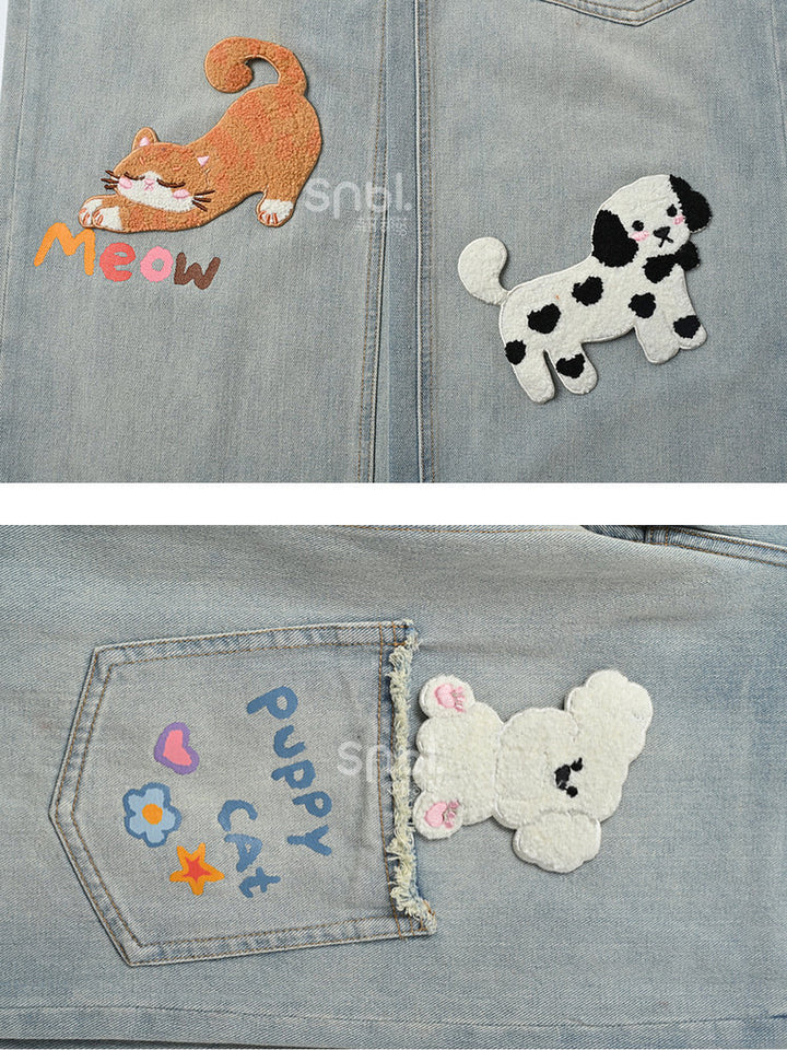 Kawaii Cat and Dog Appliqué Wide Leg Jeans