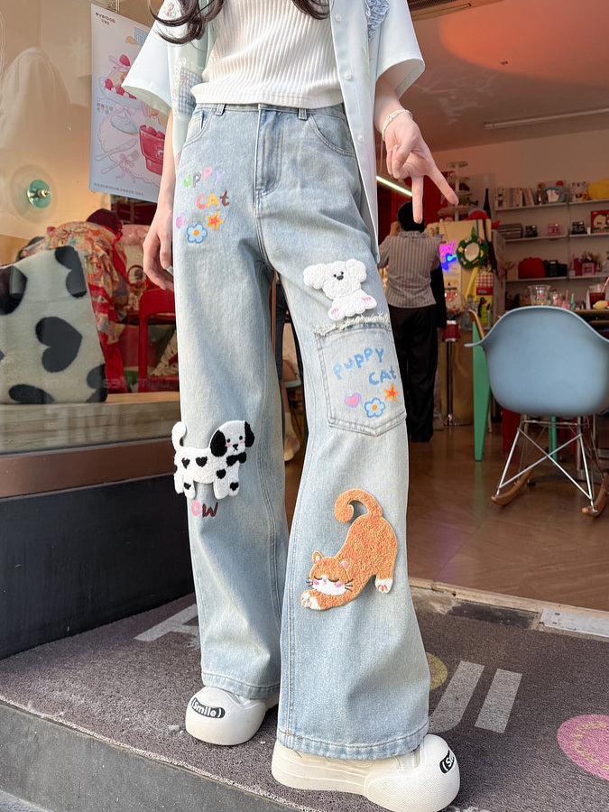 Kawaii Cat and Dog Appliqué Wide Leg Jeans