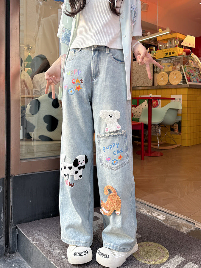 Kawaii Cat and Dog Appliqué Wide Leg Jeans