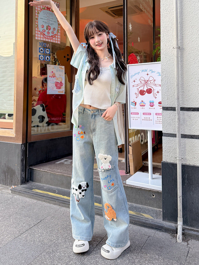 Kawaii Cat and Dog Appliqué Wide Leg Jeans