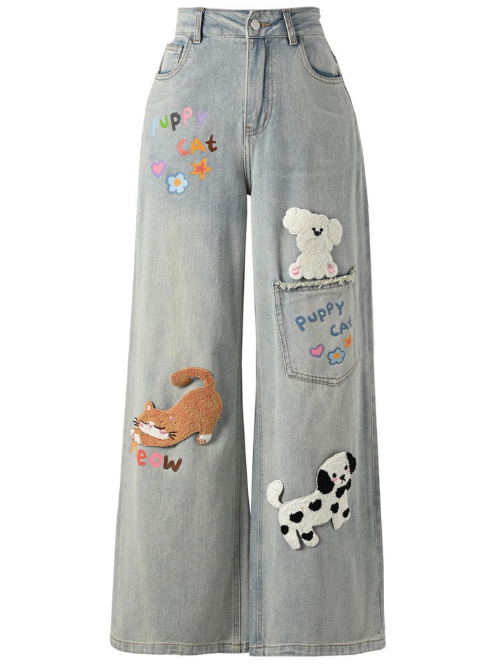 Kawaii Cat and Dog Appliqué Wide Leg Jeans