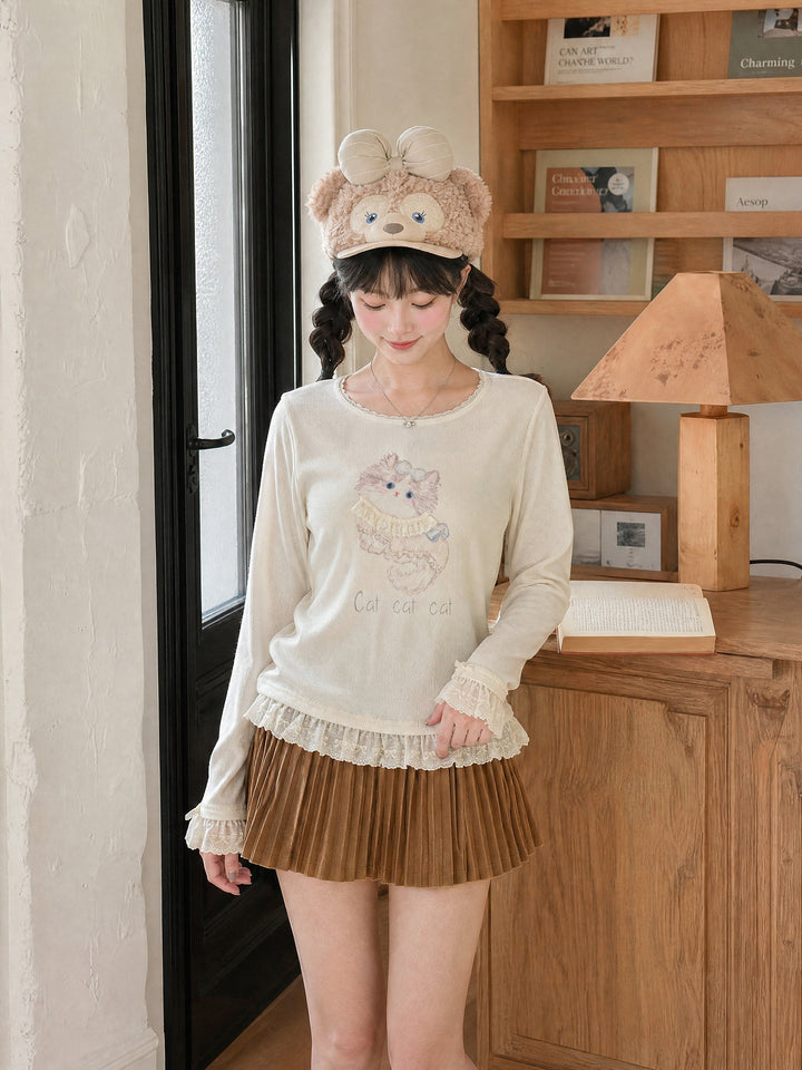 Cat Graphic Lace Ruffle T-Shirt