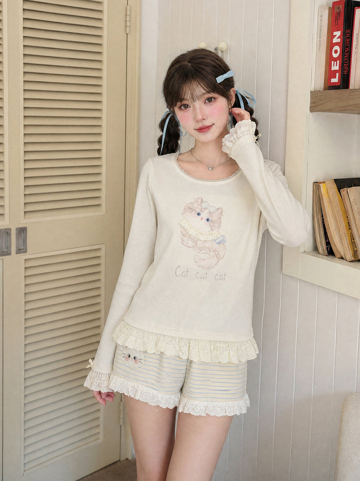 Cat Graphic Lace Ruffle T-Shirt