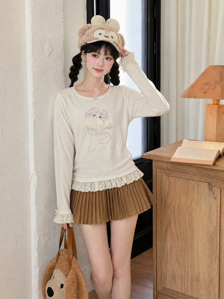Cat Graphic Lace Ruffle T-Shirt