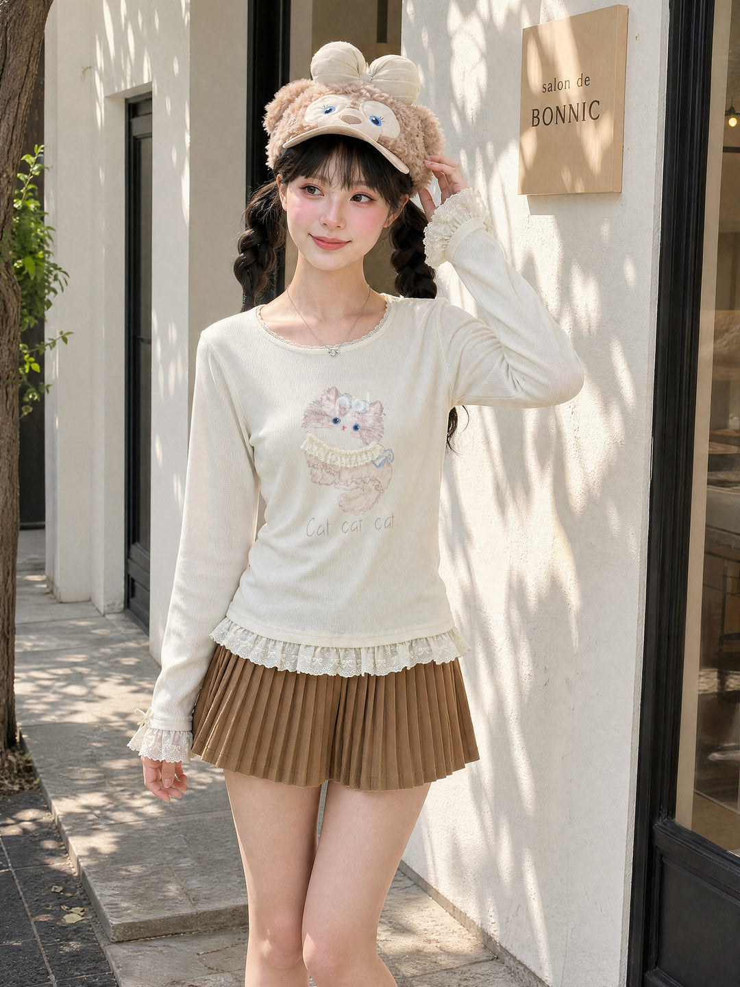 Cat Graphic Lace Ruffle T-Shirt