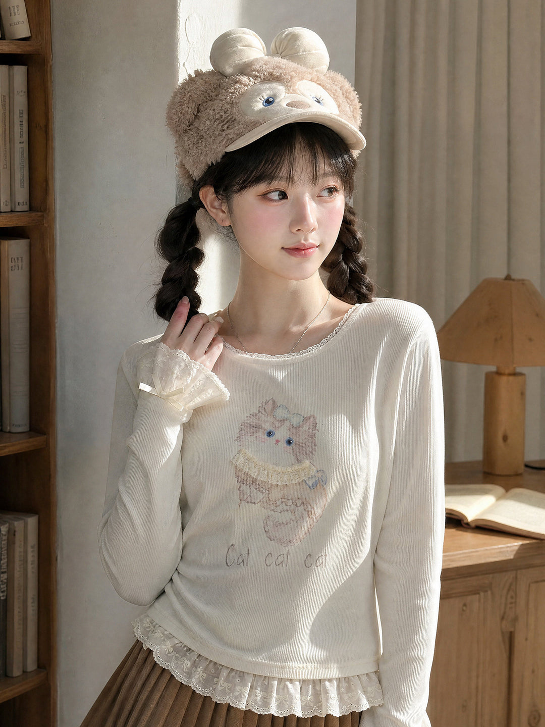 Cat Graphic Lace Ruffle T-Shirt