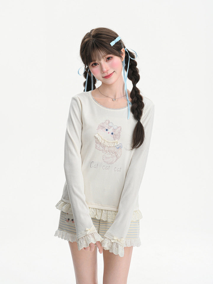 Cat Graphic Lace Ruffle T-Shirt