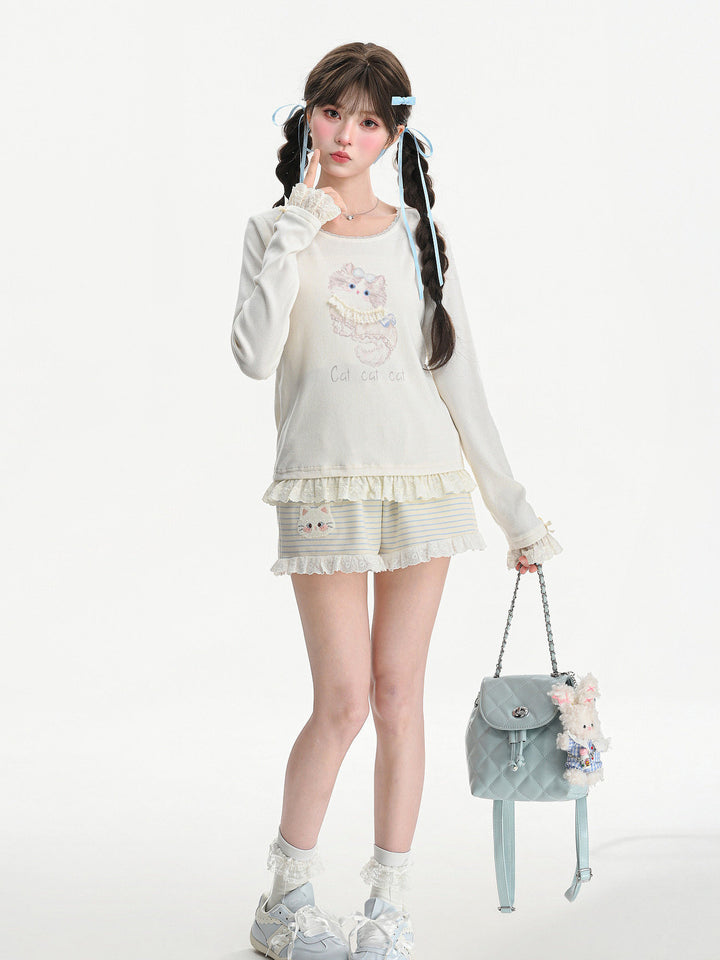 Cat Graphic Lace Ruffle T-Shirt