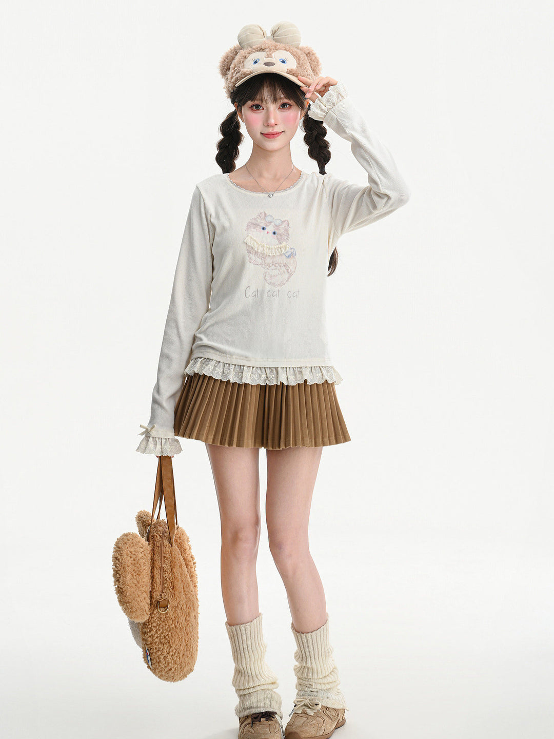 Cat Graphic Lace Ruffle T-Shirt