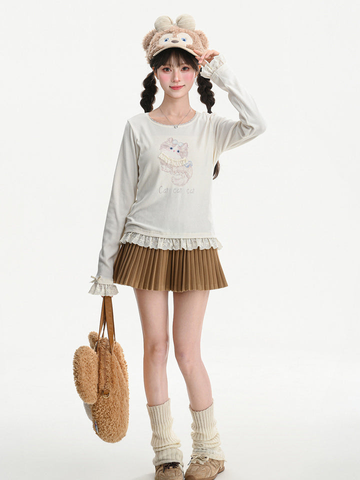 Cat Graphic Lace Ruffle T-Shirt