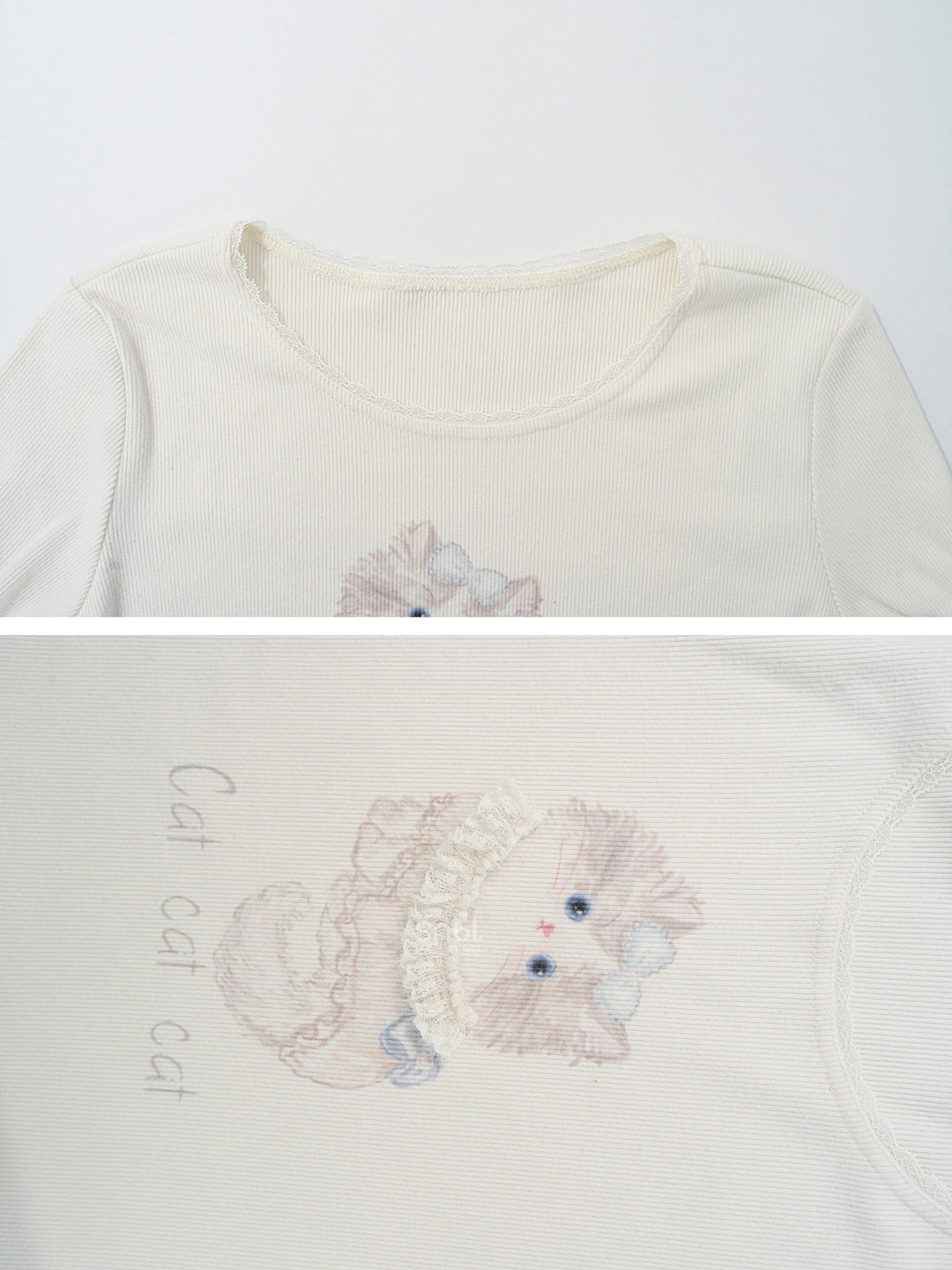 Cat Graphic Lace Ruffle T-Shirt