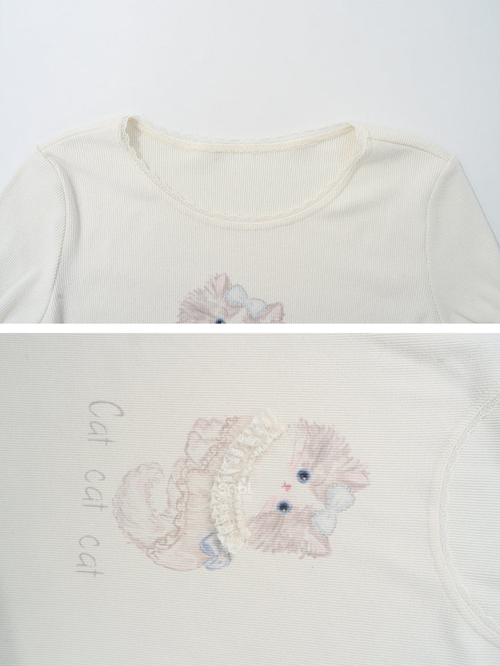 Cat Graphic Lace Ruffle T-Shirt