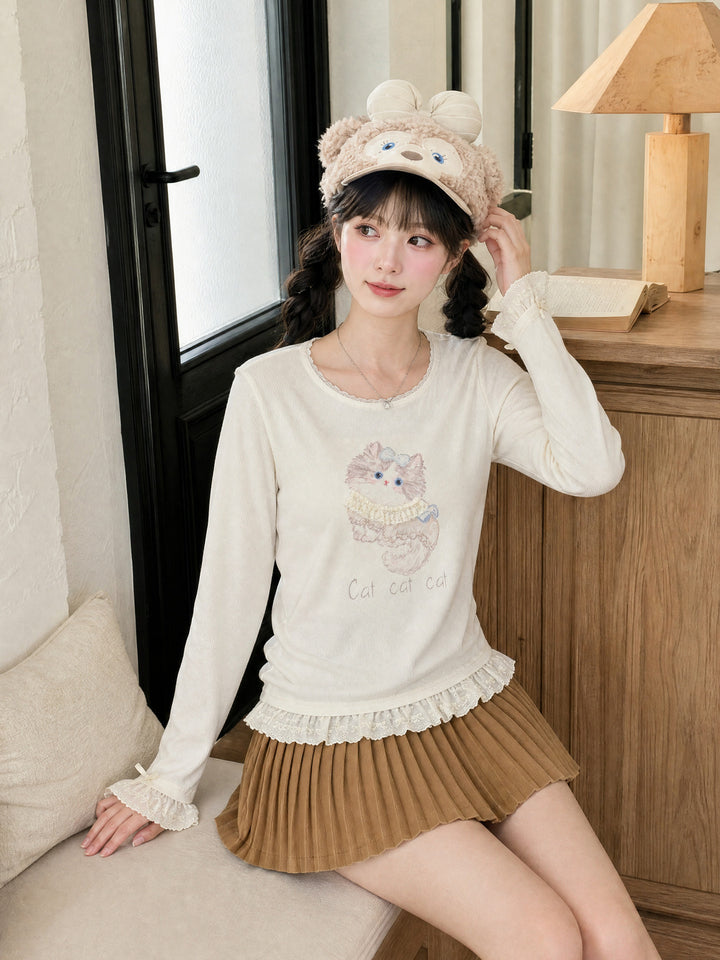 Cat Graphic Lace Ruffle T-Shirt