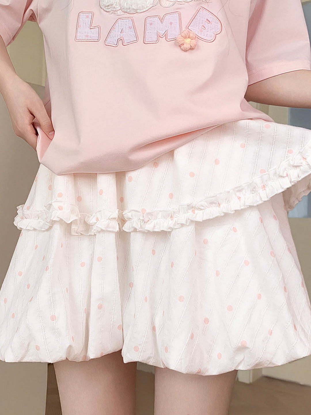 Pink Polka Dot Ruffle-Trim Mini Skirt