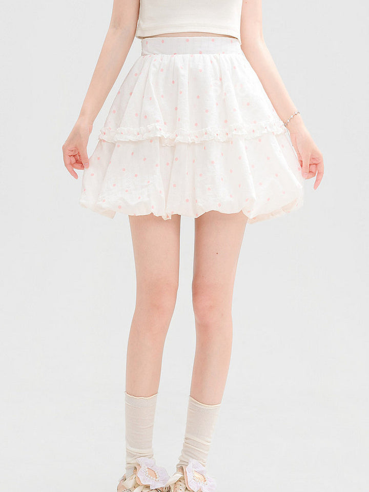Pink Polka Dot Ruffle-Trim Mini Skirt