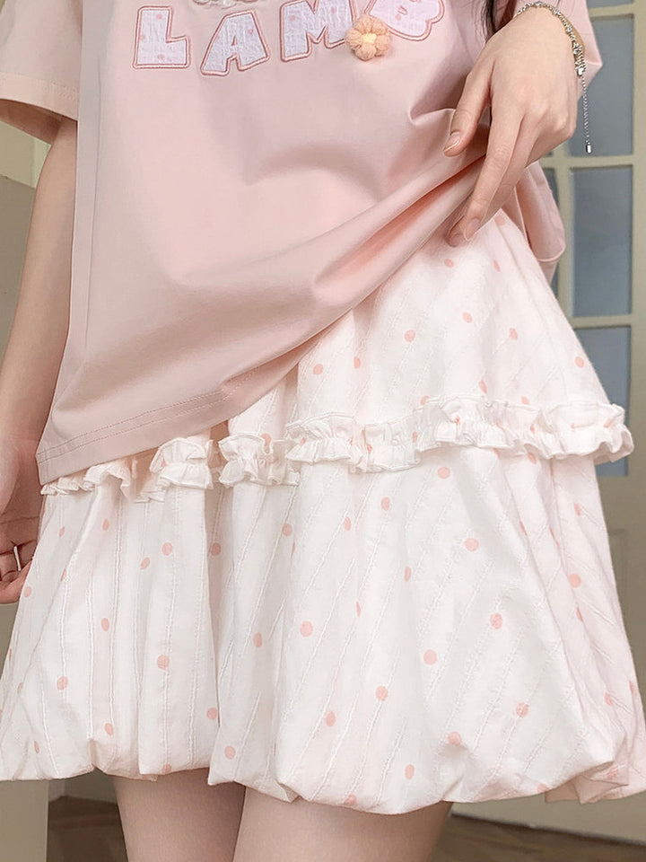 Pink Polka Dot Ruffle-Trim Mini Skirt