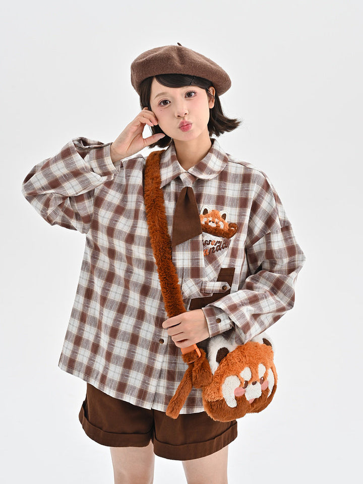 Preppy Red Panda Plaid Shirt