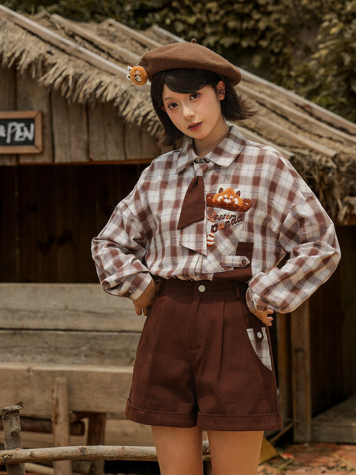 Preppy Red Panda Plaid Shirt