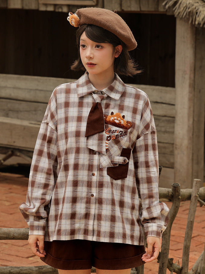 Preppy Red Panda Plaid Shirt