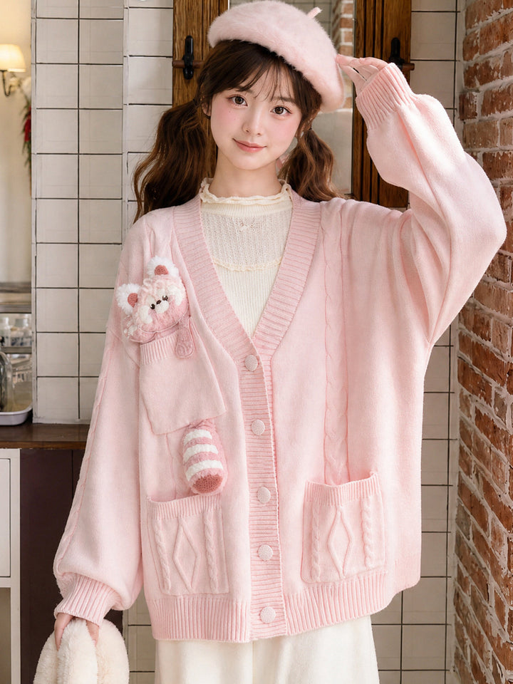 Pink Red Panda Appliqué Cardigan
