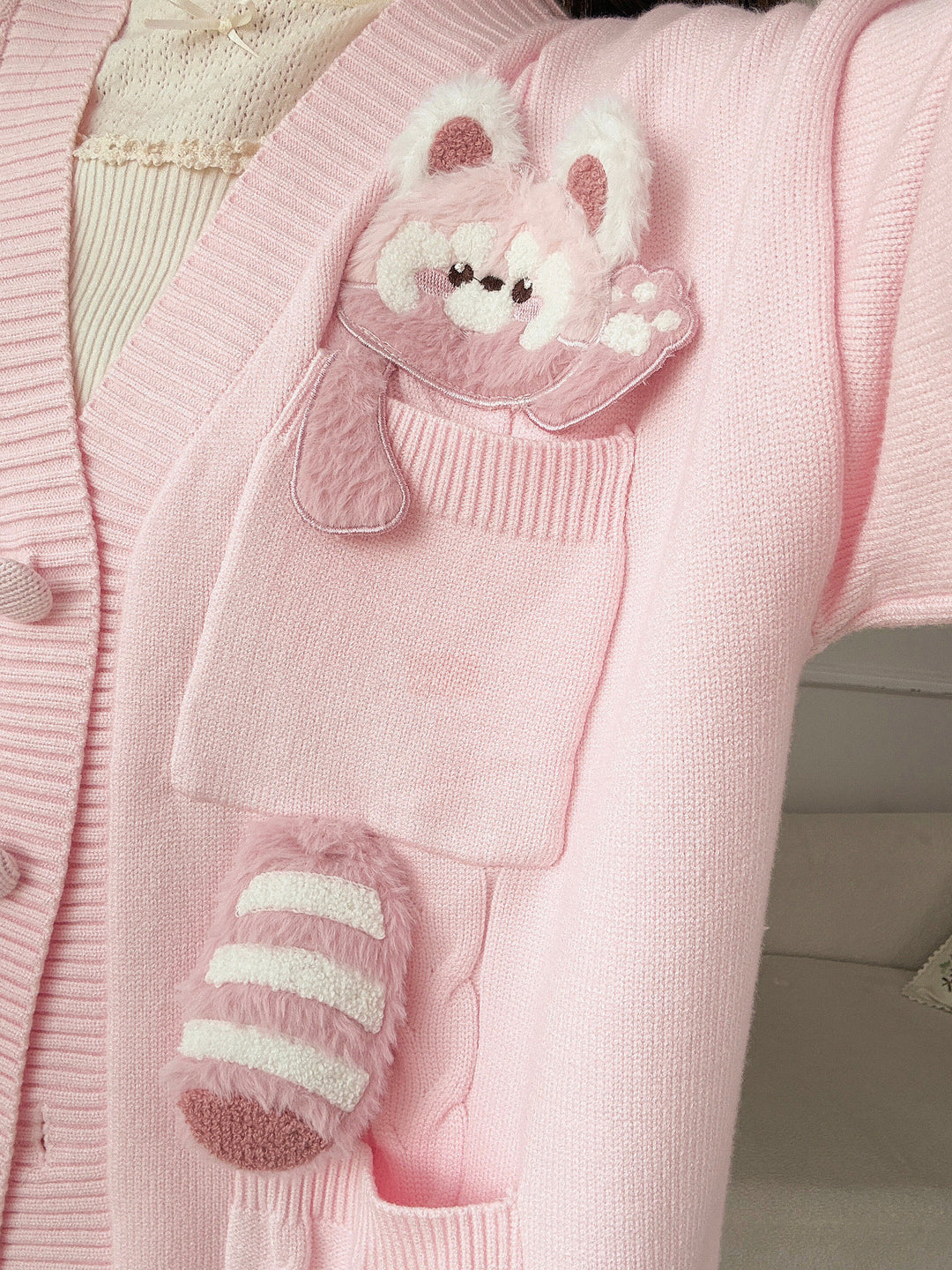 Pink Red Panda Appliqué Cardigan