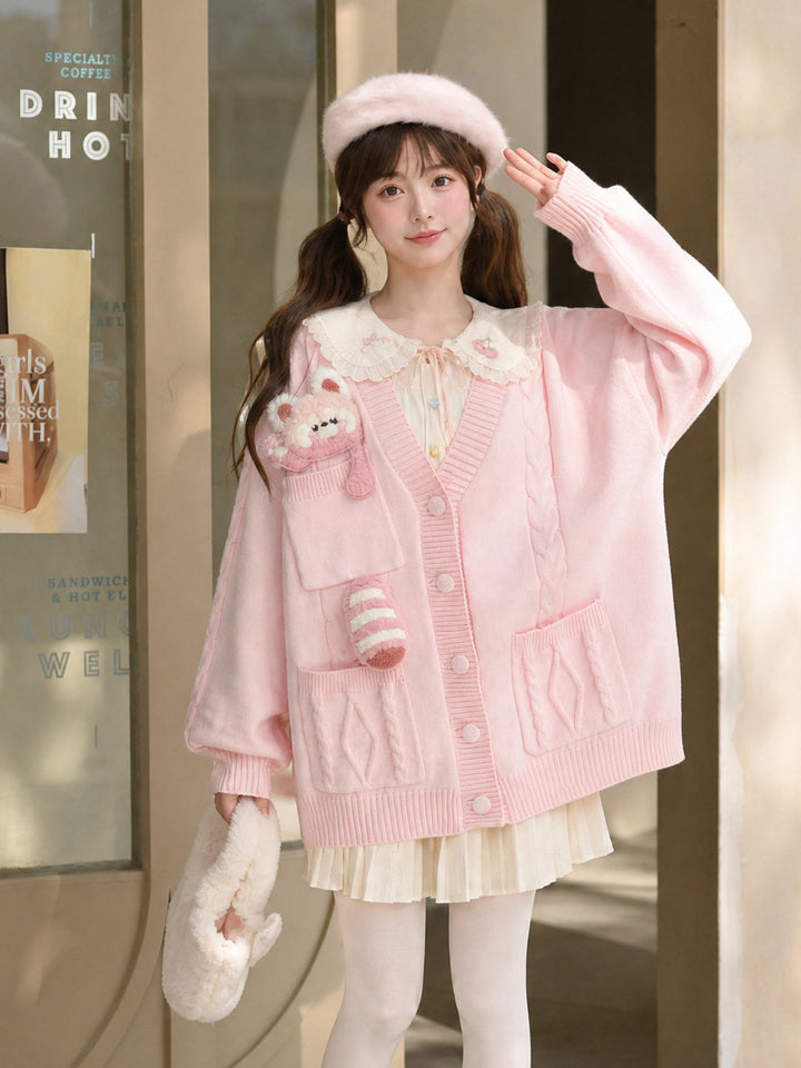 Pink Red Panda Appliqué Cardigan