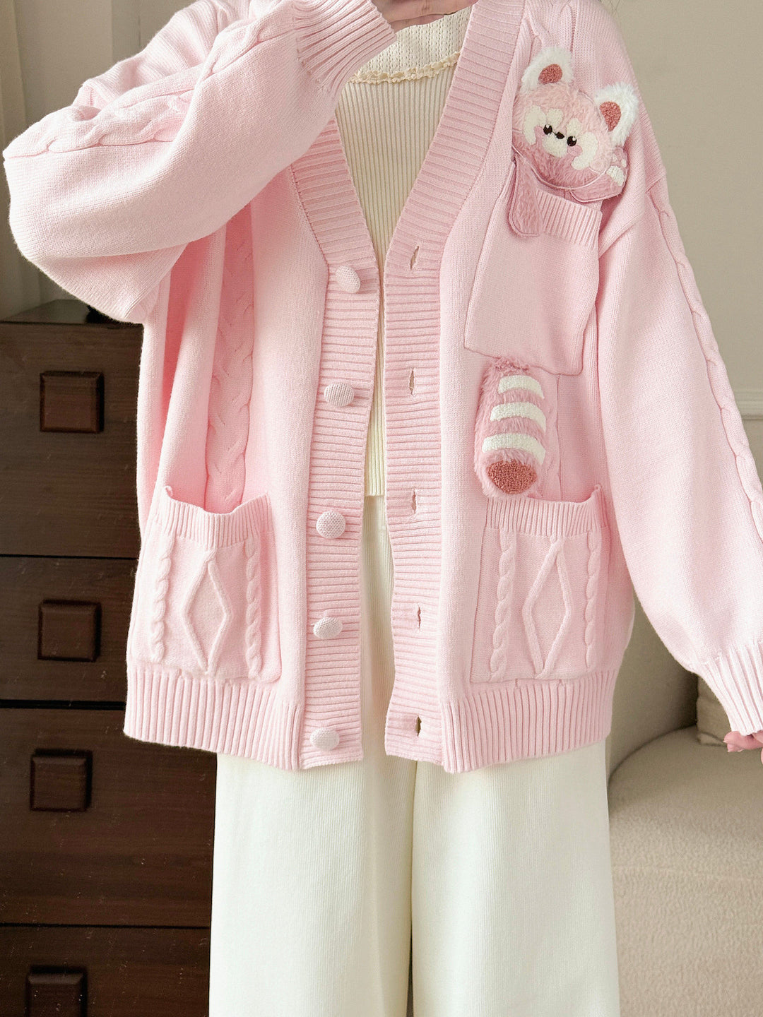Pink Red Panda Appliqué Cardigan