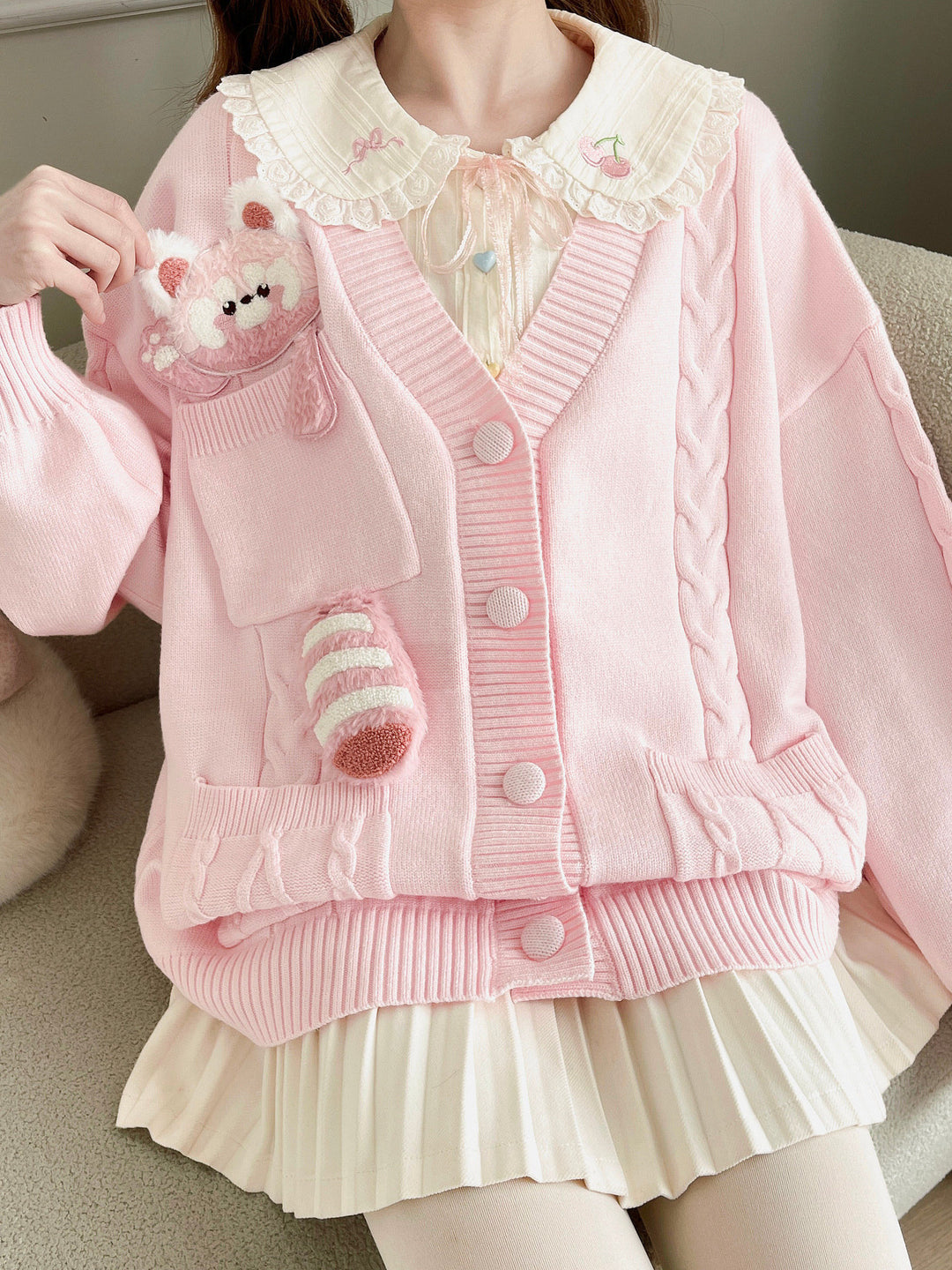 Pink Red Panda Appliqué Cardigan