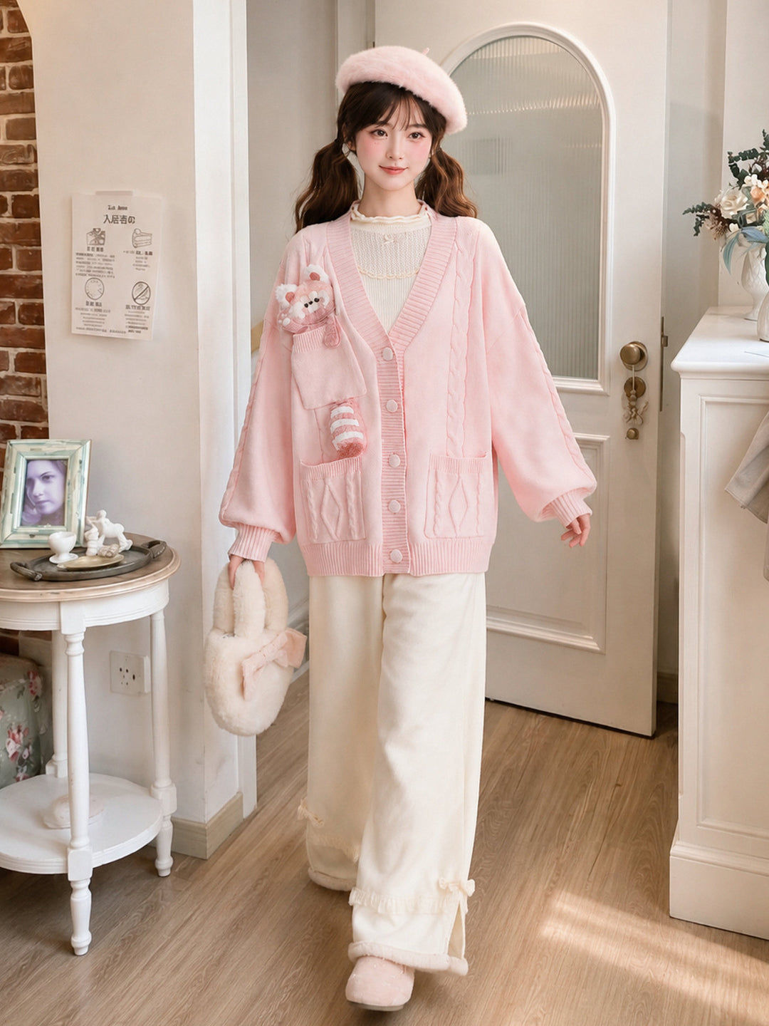 Pink Red Panda Appliqué Cardigan